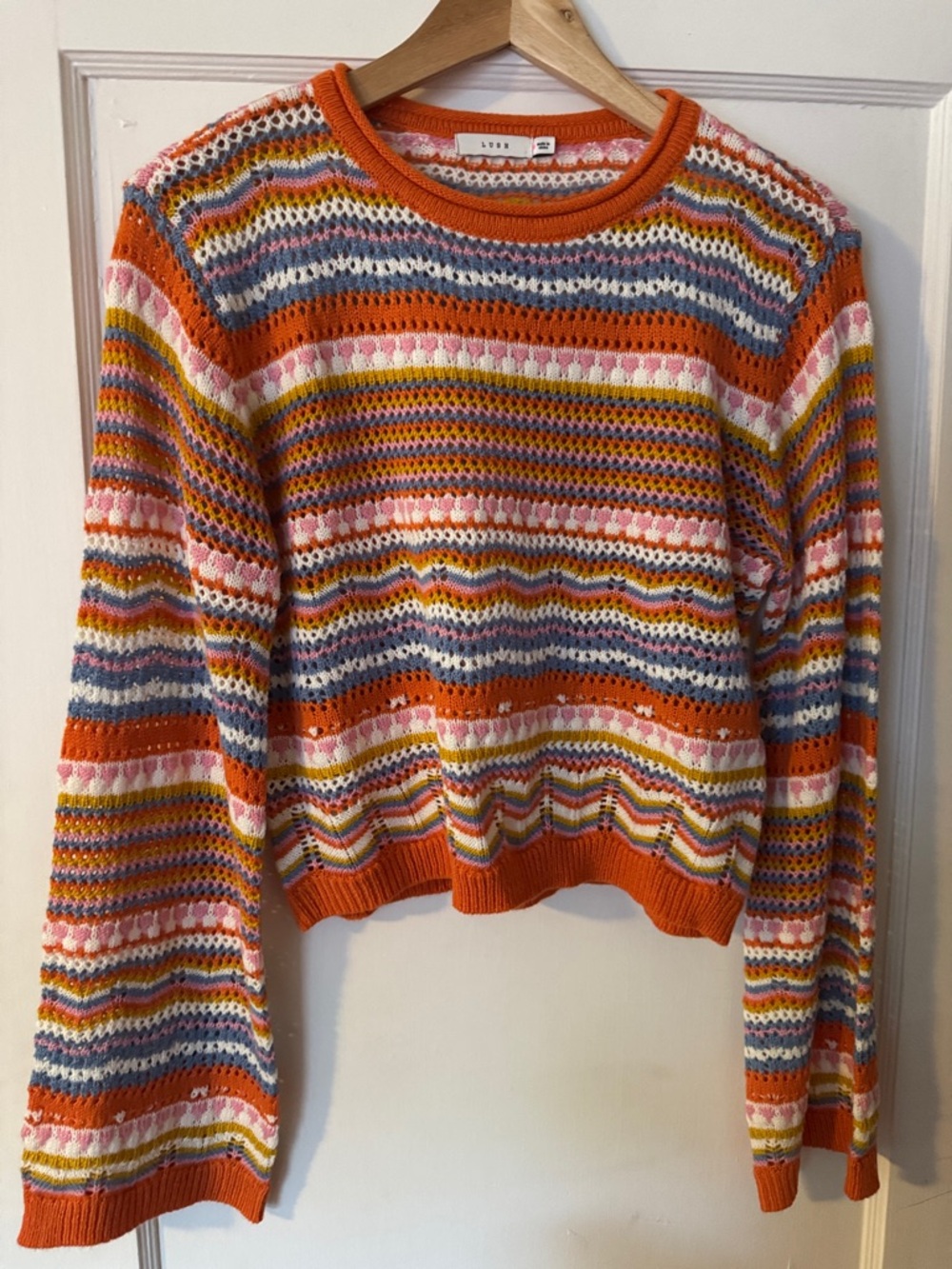 Lush Orange Multicolor Striped Open-Knit Sweater